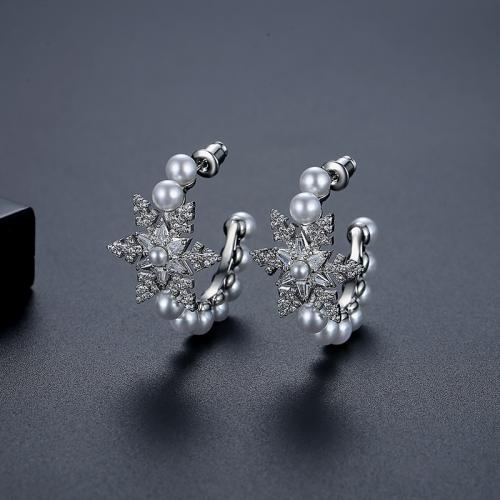 Brass Stud Earring, with Plastic Pearl, Snowflake, platinum plated, micro pave cubic zirconia & for woman, 20.03x32mm, Sold By Pair