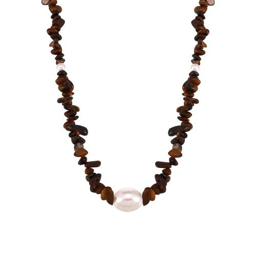 Natural Gemstone Necklace, Tiger Eye, with Shell Pearl & 304 Stainless Steel, with 5cm extender chain, fashion jewelry & for woman, Length:Approx 43 cm, Sold By PC