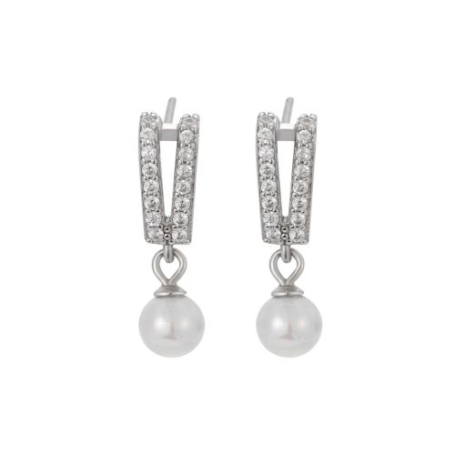 Pendientes de Micro Pavé de Zirconía Cúbica en Plata de Ley, Plata de ley 925, con Shell Pearl, Joyería & micro arcilla de zirconia cúbica & para mujer, 4.90x18.50mm, Vendido por Par