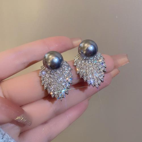 Boucle d'oreille dormeuse en alliage de zinc, avec perle de plastique, bijoux de mode & pour femme & avec strass, 30x20mm, Vendu par paire