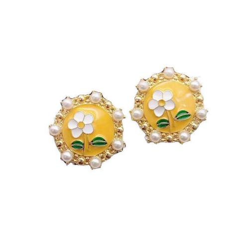 Tibetan Style Stud Earring, with Plastic Pearl, fashion jewelry & for woman & enamel, 25x25mm, Sold By Pair