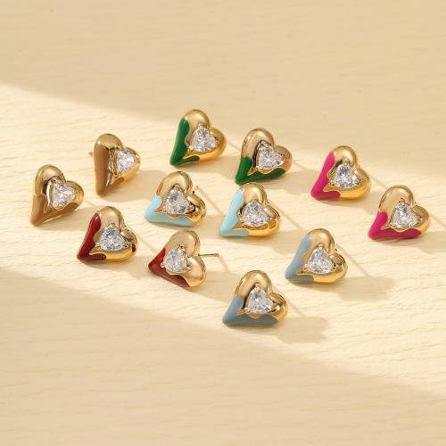 Stainless Steel Stud Earrings 304 Stainless Steel with Cubic Zirconia Heart fashion jewelry & for woman & enamel Sold By Pair