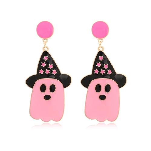 aleación de zinc Pendientes con Colgantes, Fantasma, chapado en color dorado, Joyería de Halloween & para mujer & esmalte, Rosado, libre de níquel, plomo & cadmio, 31x66mm, Vendido por Par