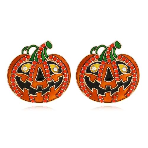 aleación de zinc Arito, Calabaza, chapado en color dorado, Joyería de Halloween & para mujer & esmalte & con diamantes de imitación, naranja, libre de níquel, plomo & cadmio, 35x35mm, Vendido por Par