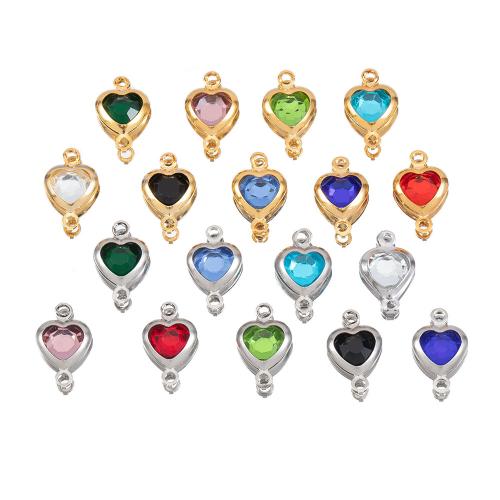 Stainless Steel Connector, 304 Stainless Steel, with Rhinestone, Heart, Vacuum Ion Plating, DIY & 1/1 loop, more colors for choice, 7.50x12mm, Hole:Approx 1mm, Approx 100PCs/Bag, Sold By Bag