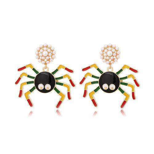 aleación de zinc Pendientes con Colgantes, con Perlas plásticas, Araña, chapado en color dorado, Joyería de Halloween & para mujer & esmalte, multicolor, libre de níquel, plomo & cadmio, 43x45mm, Vendido por Par