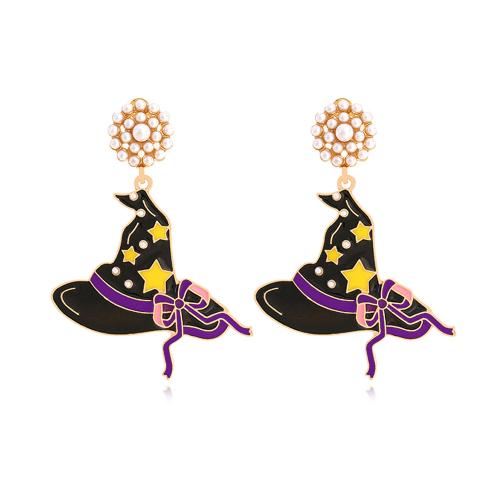 Tibetan Style Drop Earring, with Plastic Pearl, Hat, gold color plated, Halloween Jewelry Gift & for woman & enamel, nickel, lead & cadmium free, 44x60mm, Sold By Pair