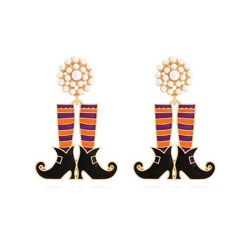 aleación de zinc Pendientes con Colgantes, con Perlas plásticas, Zapatos, chapado en color dorado, Joyería de Halloween & para mujer & esmalte, libre de níquel, plomo & cadmio, 28x64mm, Vendido por Par