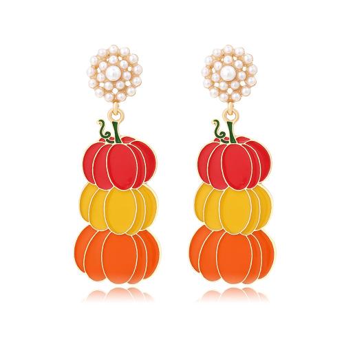 Zinc Alloy Drop Earring, met Plastic Pearl, Pompoen, gold plated, Halloween Jewelry Gift & voor vrouw & glazuur, nikkel, lood en cadmium vrij, 23x62mm, Verkocht door pair