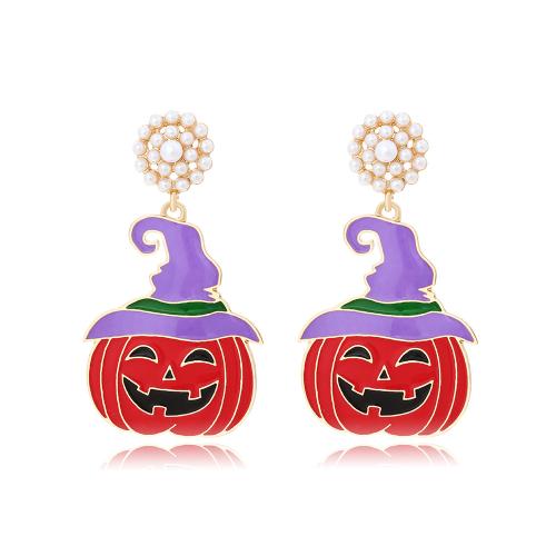 aleación de zinc Pendientes con Colgantes, con Perlas plásticas, Calabaza, chapado en color dorado, Joyería de Halloween & para mujer & esmalte, libre de níquel, plomo & cadmio, 32x58mm, Vendido por Par