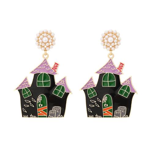 Zinc Alloy Drop Earring with Plastic Pearl House gold color plated Halloween Jewelry Gift & for woman & enamel nickel lead & cadmium free Sold By Pair