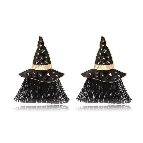 Zinc Alloy Stud Earring with Cotton Thread Hat gold color plated Halloween Design & for woman & enamel black nickel lead & cadmium free Sold By Pair