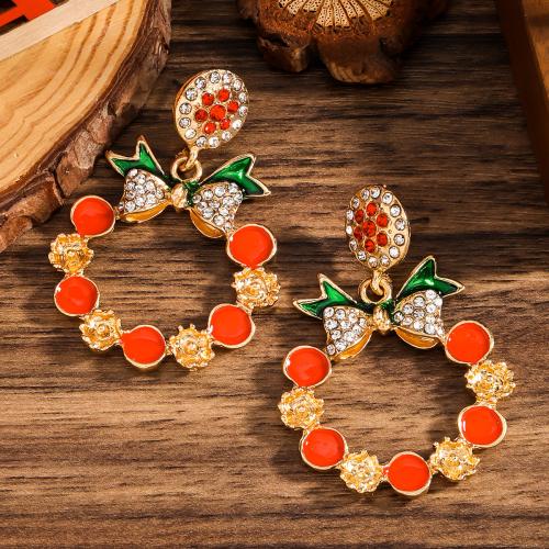 Christmas Earrings, Tibetan Style, Christmas Wreath, gold color plated, for woman & enamel & with rhinestone, red, nickel, lead & cadmium free, Sold By Pair