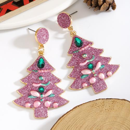 Pendientes de Navidad, aleación de zinc, Árbol de Navidad, chapado en color dorado, Diseño de Navidad & para mujer & con diamantes de imitación & glaseado, Rosado, libre de níquel, plomo & cadmio, Vendido por Par