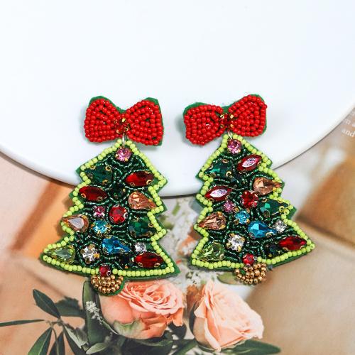 Christmas Earrings, Resin, with Seedbead, Christmas Tree, gold color plated, Christmas Design & for woman & with rhinestone, green, nickel, lead & cadmium free, Sold By Pair