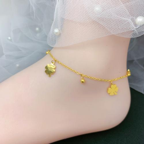 Fashion Jewelry Anklet, Titanium Steel, with 5cm extender chain, Four Leaf Clover, gold color plated, golden, Length:22 cm, Sold By PC