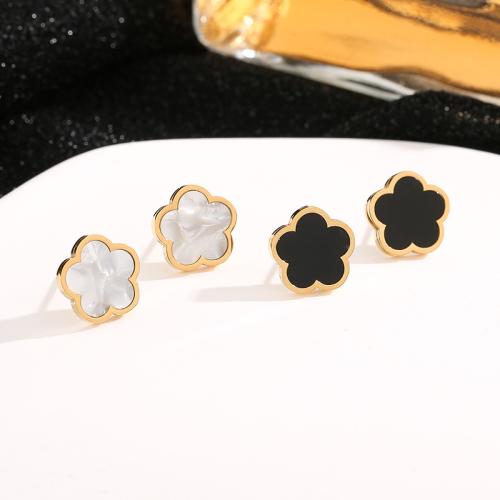 Titanium Steel  Earring, with Shell, Flower, gold color plated, fashion jewelry, more colors for choice, Sold By Pair