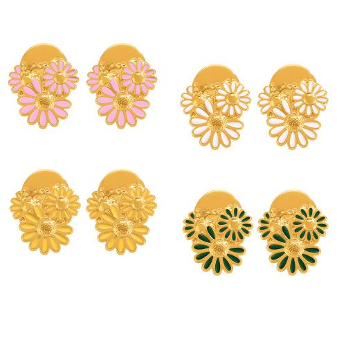 Titanium Steel  Earring, Flower, 18K gold plated, fashion jewelry & for woman & enamel, more colors for choice, Sold By Pair