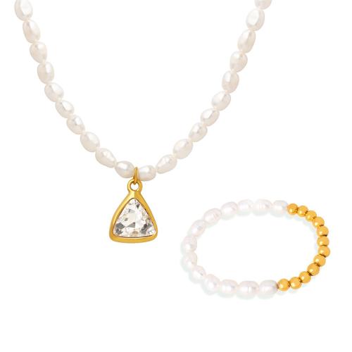 Sets de Joyas, Partículas de acero, con Piedra de vidrio & Perlas cultivadas de agua dulce, chapado, Joyería & diferentes estilos para la opción & para mujer, dorado, Vendido por UD