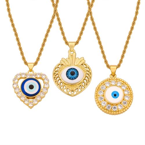 Evil Eye Schmuck Halskette, Titanstahl, mit Messing, plattiert, verschiedene Stile für Wahl & Micro pave Zirkonia & für Frau & Emaille, Goldfarbe, verkauft von PC