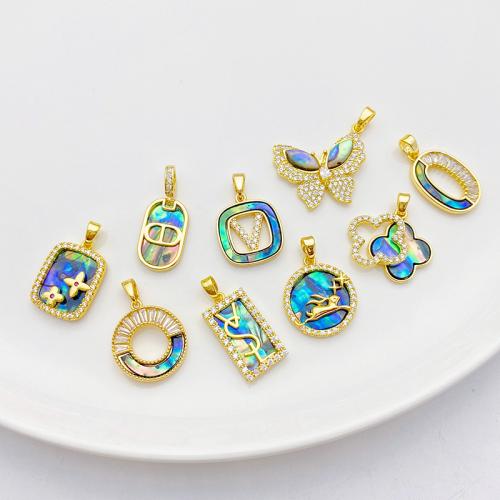 Cubic Zirconia Micro Pave Brass Pendant, with Abalone Shell, plated, DIY & different styles for choice & micro pave cubic zirconia, gold, Sold By PC