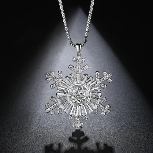 Brass Necklace, Snowflake, platinum plated, box chain & micro pave cubic zirconia & for woman, Length:Approx 32.5 Inch, Sold By PC