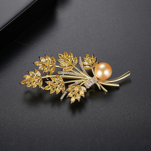 Brass Brooch, with Plastic Pearl, Wheat, gold color plated, micro pave cubic zirconia & for woman, 65x31mm, Sold By PC