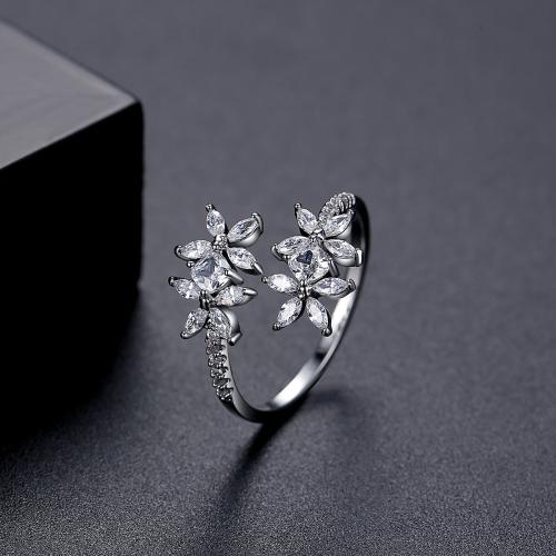 Brass Cuff Finger Ring, Flower, platinum plated, micro pave cubic zirconia & for woman, US Ring Size:6-8, Sold By PC