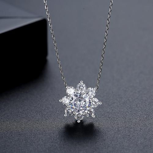 Brass Necklace, Flower, platinum plated, oval chain & micro pave cubic zirconia & for woman, Sold By PC