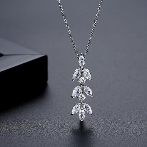 Brass Necklace, with 2inch extender chain, Leaf, platinum plated, oval chain & micro pave cubic zirconia & for woman, Length:Approx 15.7 Inch, Sold By PC