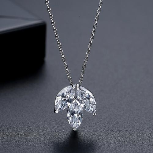 Brass Necklace, with 2inch extender chain, Leaf, platinum plated, oval chain & micro pave cubic zirconia & for woman, Length:Approx 15.7 Inch, Sold By PC