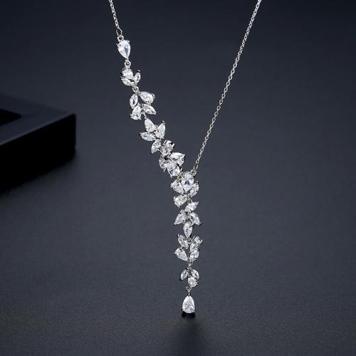 Brass Necklace, with 2inch extender chain, platinum plated, oval chain & micro pave cubic zirconia & for woman, Length:Approx 15.7 Inch, Sold By PC