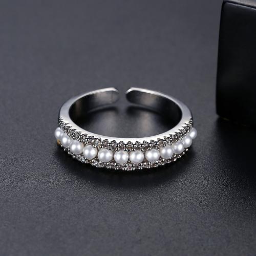 Brass Cuff Finger Ring, with Plastic Pearl, platinum plated, micro pave cubic zirconia & for woman, US Ring Size:6-8, Sold By PC