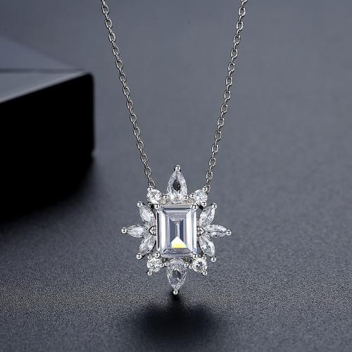 Brass Necklace, with 2inch extender chain, Geometrical Pattern, platinum plated, oval chain & micro pave cubic zirconia & for woman, Length:Approx 15.7 Inch, Sold By PC