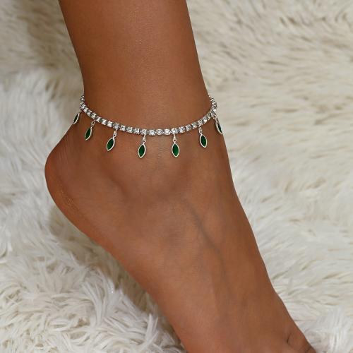 Brass Anklet, with 2.4inch extender chain, plated, for woman & with rhinestone, Length:Approx 8.7 Inch, Sold By PC