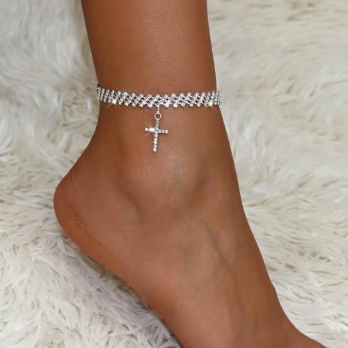 Prás anklet, le 2.4inch slabhra extender, Cross, plátáilte, do bhean & le rhinestone, airgid, Fad Thart 9 Inse, Díolta De réir PC