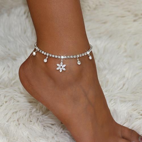 Brass Anklet, with 2.4inch extender chain, silver color plated, for woman & with rhinestone, Length:Approx 8.7 Inch, Sold By PC