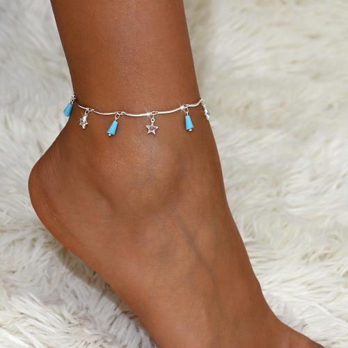 laiton bracelet de cheville, avec turquoise, avec 2.4inch chaînes de rallonge, étoile, Placage de couleur argentée, Style bohème & pour femme, Longueur:Environ 8.7 pouce, Vendu par PC