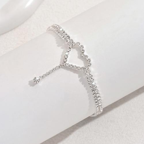 Brass Anklet, with 2.4inch extender chain, Heart, silver color plated, for woman & with rhinestone & hollow, Length:Approx 8.7 Inch, Sold By PC