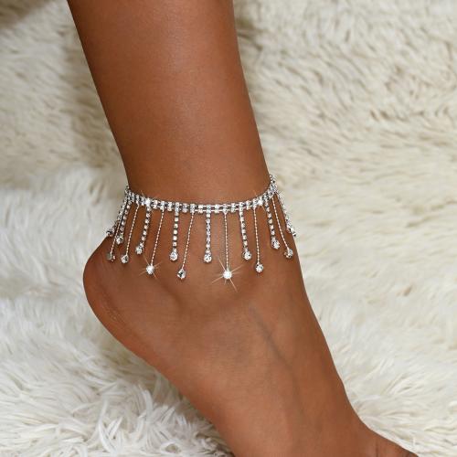 Brass Anklet with 2.4inch extender chain Tassel silver color plated for woman & with rhinestone Length Approx 7.9 Inch Sold By PC