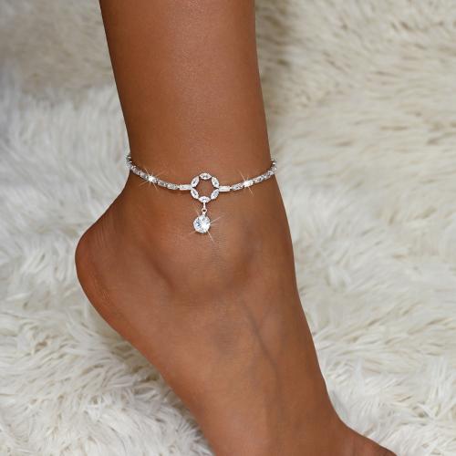 Brass Anklet, with 2.4inch extender chain, silver color plated, for woman & with rhinestone & hollow, Length:Approx 8.3 Inch, Sold By PC