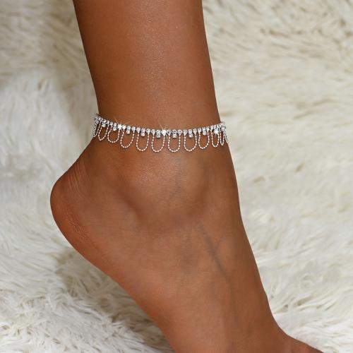 Brass Anklet, with 2.4inch extender chain, silver color plated, for woman & with rhinestone & hollow, Length:Approx 8.7 Inch, Sold By PC