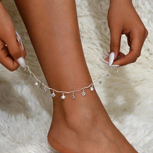 Brass Anklet, with 2.4inch extender chain, Geometrical Pattern, silver color plated, for woman & with rhinestone, Length:Approx 8.7 Inch, Sold By PC