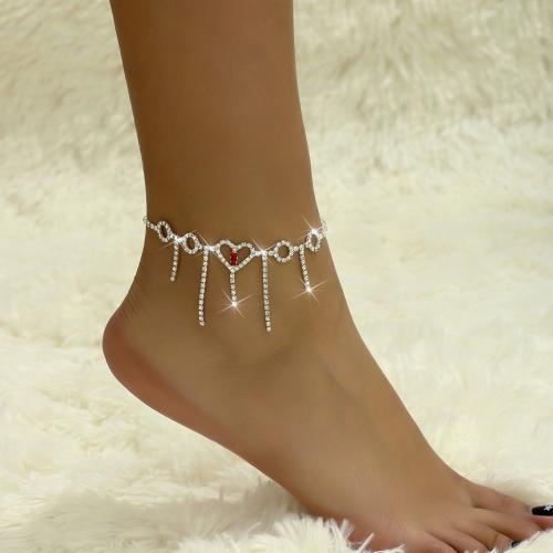 Brass Anklet with 2inch extender chain Heart silver color plated for woman & with rhinestone & hollow Length Approx 8.7 Inch Sold By PC