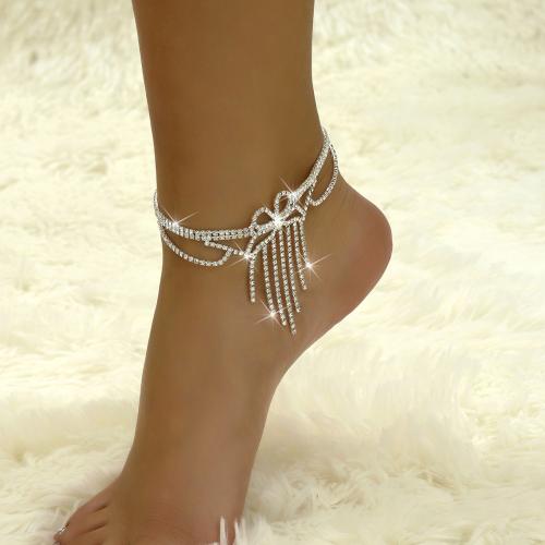 Brass Anklet, with 2inch extender chain, Bowknot, silver color plated, for woman & with rhinestone & hollow, Length:Approx 8.7 Inch, Sold By PC