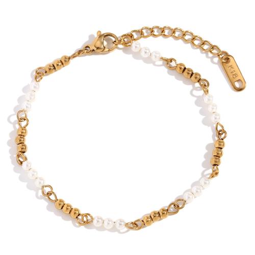 Stainless Steel Jewelry Bracelet, 304 Stainless Steel, with Plastic Pearl, with 5cm extender chain, 18K gold plated, fashion jewelry & for woman, golden, Length:Approx 17 cm, Sold By PC