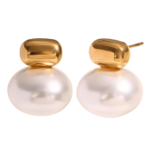 Stainless Steel Stud Earrings, 304 Stainless Steel, with Plastic Pearl, 18K gold plated, fashion jewelry & for woman, golden, 19.20x16mm, Sold By Pair