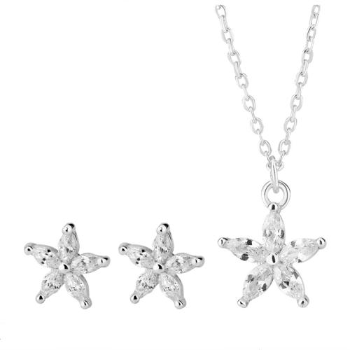 925 Sterling Silver Jewelry Sets Stud Earring & necklace with 5cm extender chain Flower fashion jewelry & micro pave cubic zirconia & for woman Length Approx 39 cm Sold By Set