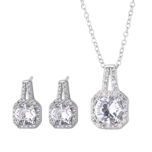 Conjuntos de joyería de plata esterlina 925, Pendiente de stud & collar, Plata de ley 925, con 4cm extender cadena, micro arcilla de zirconia cúbica & para mujer, longitud:aproximado 46 cm, Vendido por Set