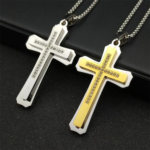 Stainless Steel Jewelry Necklace, 304 Stainless Steel, Cross, fashion jewelry & Unisex & with rhinestone, more colors for choice, 49x30mm, Length:Approx 50 cm, Sold By PC